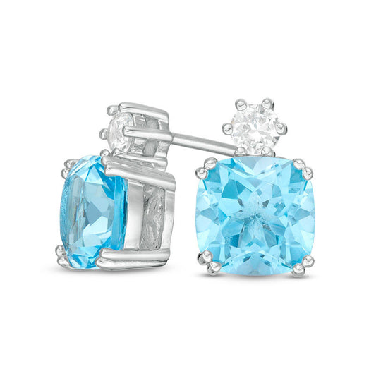 7.0mm Cushion-Cut Swiss Blue Topaz and Lab-Created White Sapphire Stud Earrings in Sterling Silver