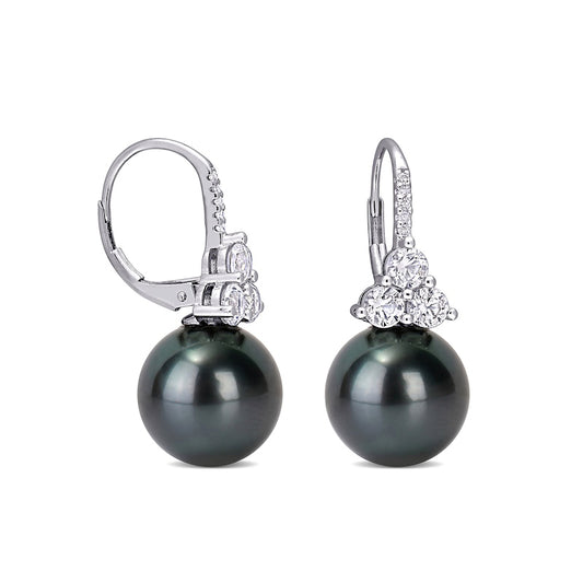 Black Cultured Tahitian Pearl, Lab-Created White Sapphire and 0.05 CT. T.W. Diamond Drop Earrings in 10K White Gold