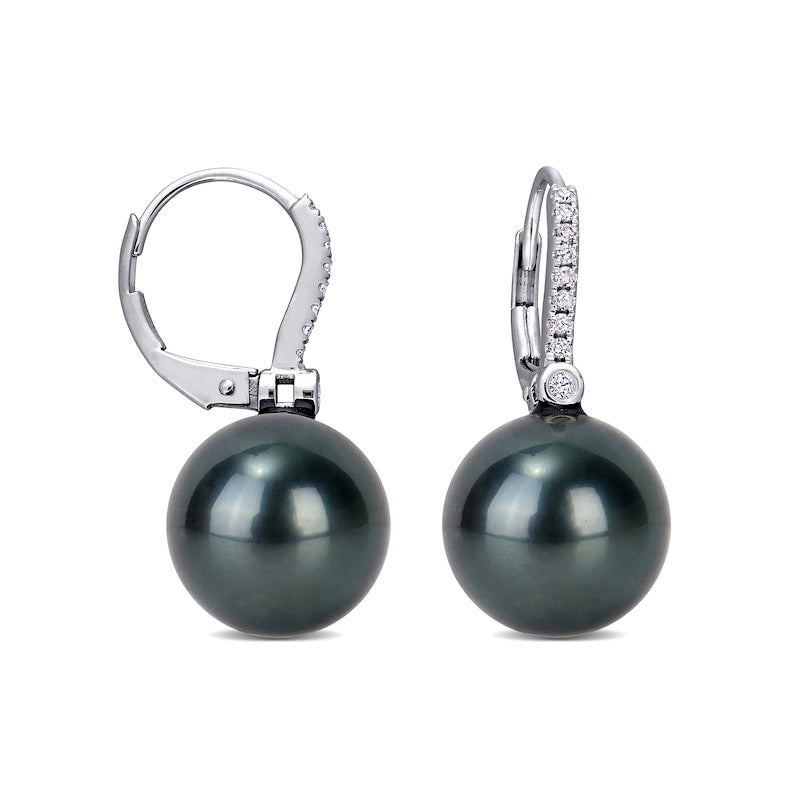 11.0-12.0mm Black Cultured Tahitian Pearl and 0.13 CT. T.W. Diamond Drop Earrings in 10K White Gold