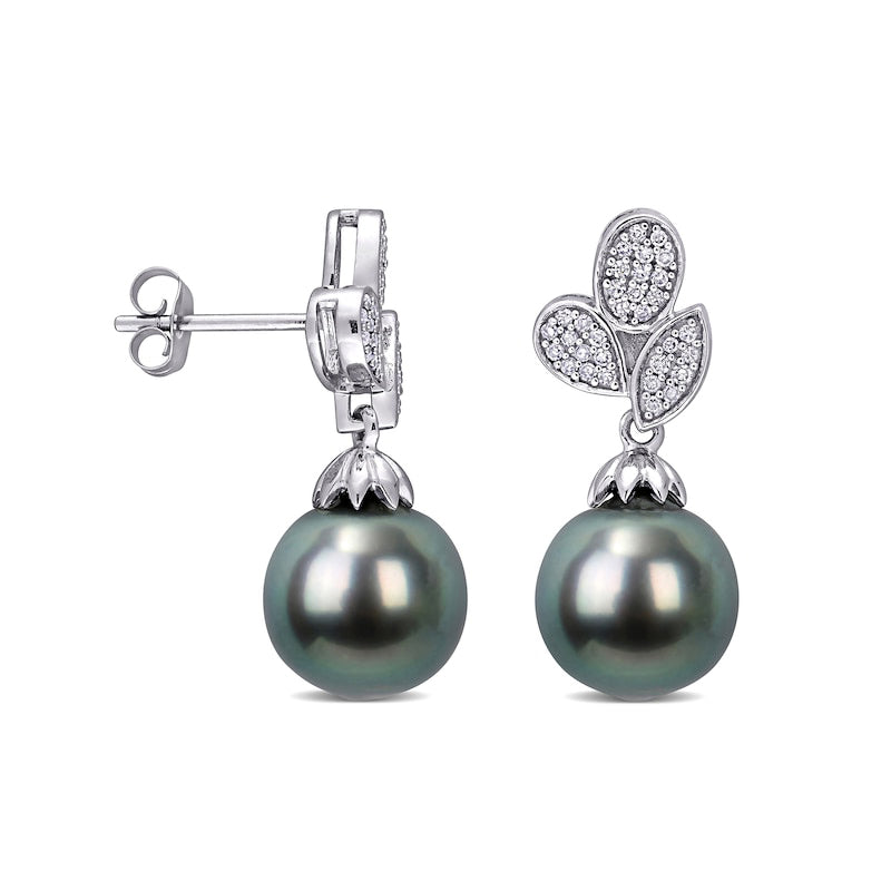 Baroque Black Cultured Tahitian Pearl and 0.2 CT. T.W. Composite Diamond Leaves Drop Earrings in 10K White Gold