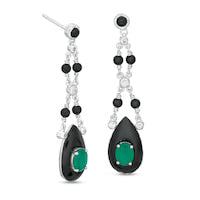 Pear-Shaped Onyx, Oval Green Chalcedony and White Zircon Bead Drop Earrings in Sterling Silver