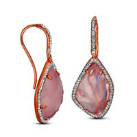 Elongated Simulated Rose Quartz and Lab-Created White Zircon Frame Drop Earrings in Sterling Silver with Rose Rhodium