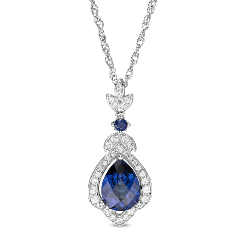 Pear-Shaped Lab-Created Blue and White Sapphire Lotus Drop Pendant in Sterling Silver