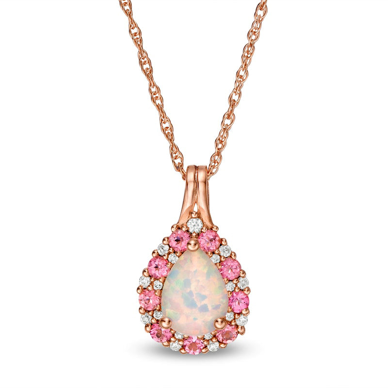 Pear-Shaped Lab-Created Opal, Pink and White Sapphire Frame Teardrop Pendant in Sterling Silver with 14K Rose Gold Plate