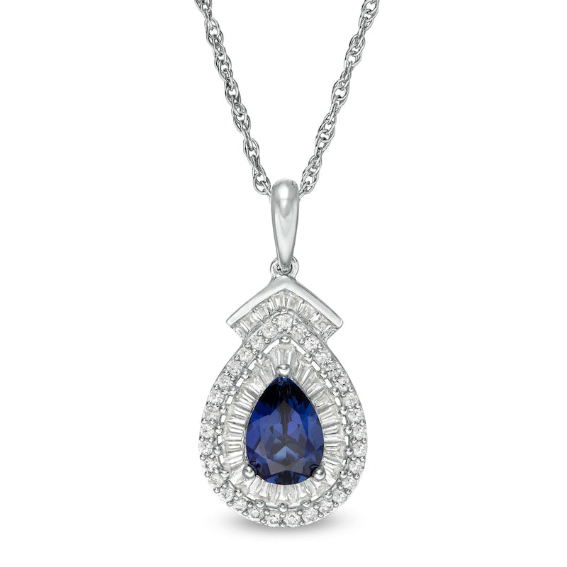 Pear-Shaped Lab-Created Blue and White Sapphire Double Frame Teardrop Pendant in Sterling Silver