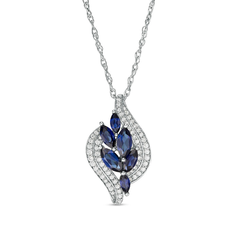 Marquise Lab-Created Blue and White Sapphire Leaf Cluster Double Bypass Frame Pendant in Sterling Silver