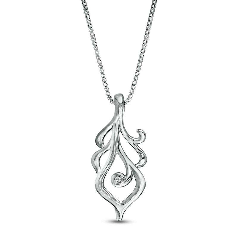 Natural Diamond Accent Solitaire Feather Pendant in Sterling Silver