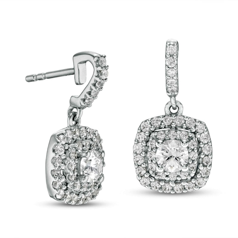 1-1.1 CT. T.W. Diamond Double Cushion Frame Drop Earrings in 14K White Gold