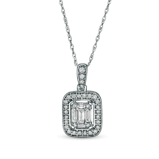 0.33 CT. T.W. Baguette and Round Natural Diamond Cushion Frame Antique Vintage-Style Pendant in 10K White Gold