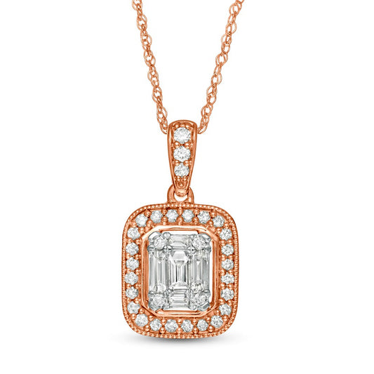 0.33 CT. T.W. Baguette and Round Natural Diamond Cushion Frame Antique Vintage-Style Pendant in 10K Rose Gold