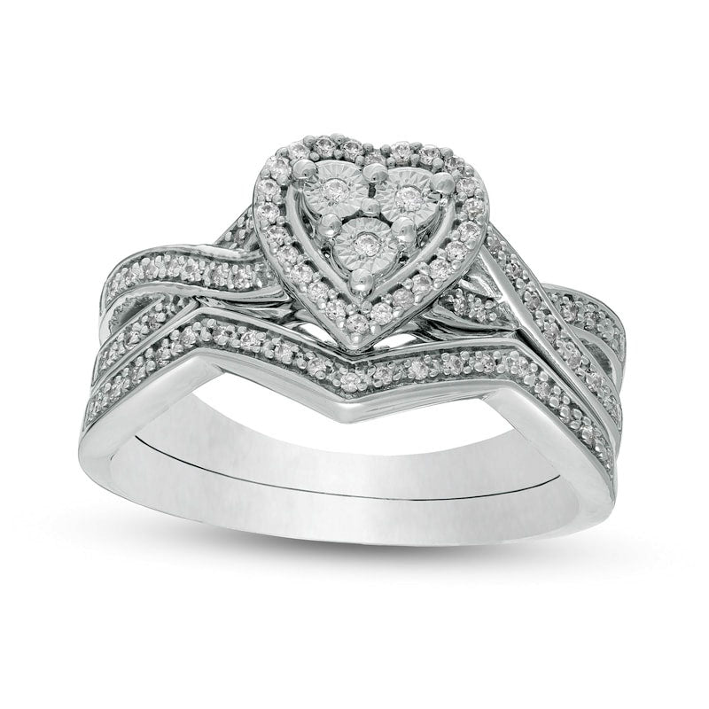 0.25 CT. T.W. Composite Natural Diamond Heart Frame Twist Shank Bridal Engagement Ring Set in Sterling Silver