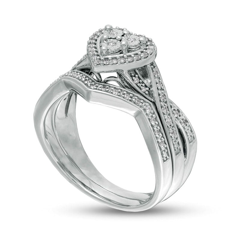 0.25 CT. T.W. Composite Natural Diamond Heart Frame Twist Shank Bridal Engagement Ring Set in Sterling Silver