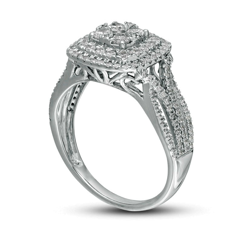 1.0 CT. T.W. Composite Natural Diamond Cushion Frame Multi-Row Engagement Ring in Solid 10K White Gold