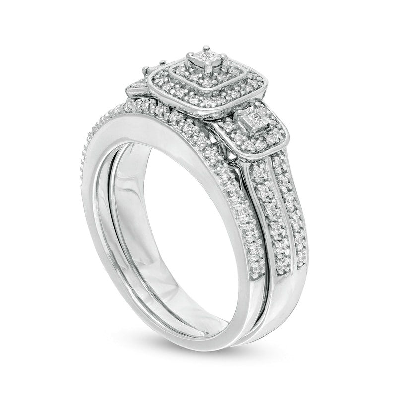 0.33 CT. T.W. Composite Natural Diamond Cushion Frame Three Stone Bridal Engagement Ring Set in Sterling Silver