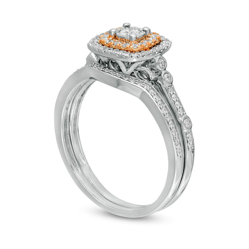 0.38 CT. T.W. Composite Natural Diamond Double Cushion Frame Bridal Engagement Ring Set in Solid 10K Two-Tone Gold