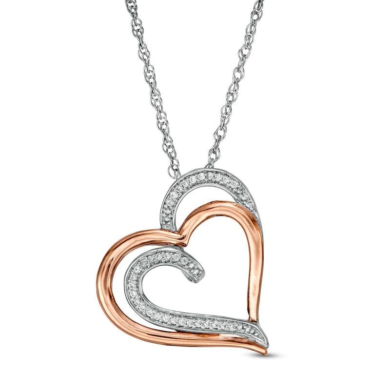 0.1 CT. T.W. Natural Diamond Double Tilted Heart Pendant in Sterling Silver and 10K Rose Gold