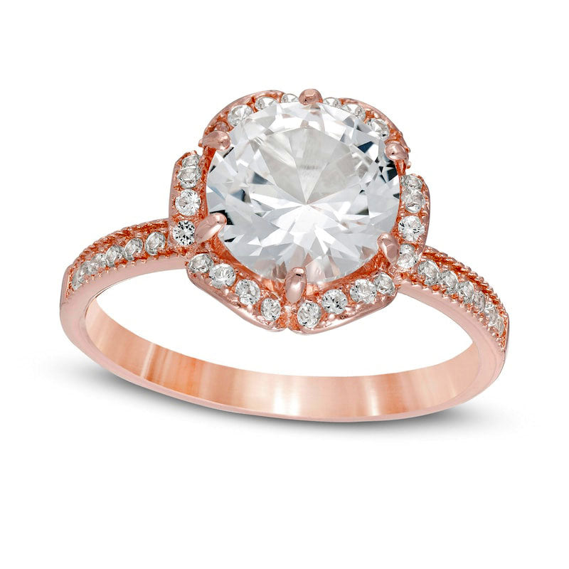 8.0mm Lab-Created White Sapphire Scallop Frame Ring in Sterling Silver with Solid 14K Rose Gold Plate