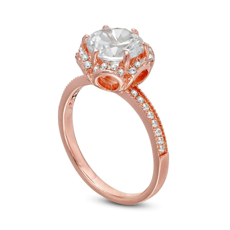 8.0mm Lab-Created White Sapphire Scallop Frame Ring in Sterling Silver with Solid 14K Rose Gold Plate