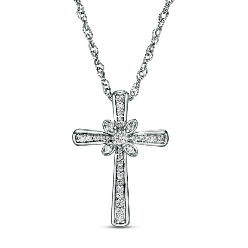 0.13 CT. T.W. Natural Diamond Flower Cross Pendant in Sterling Silver