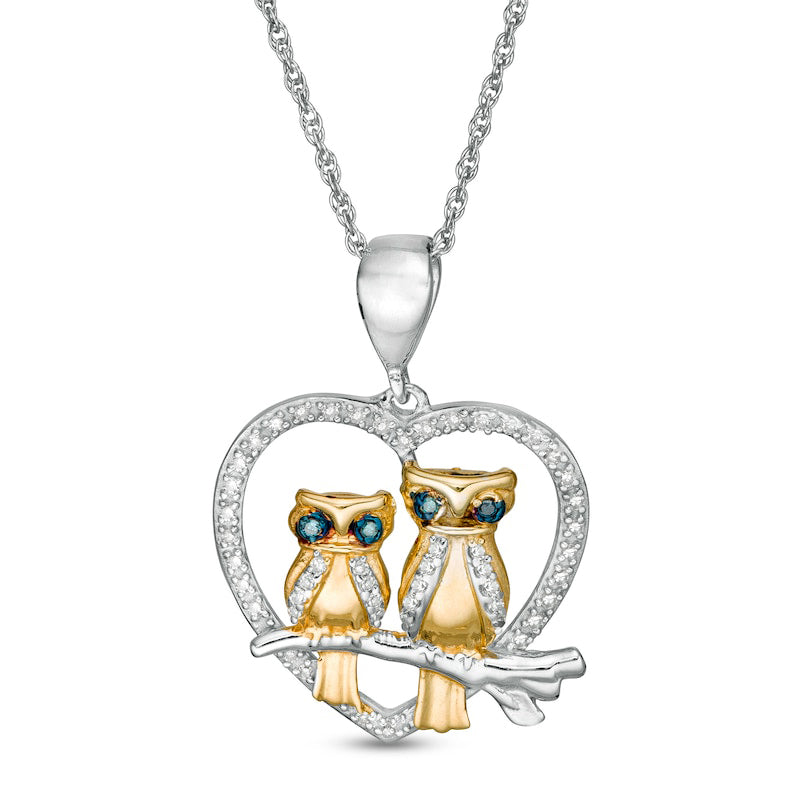 0.13 CT. T.W. Enhanced Blue and White Natural Diamond Double Owl and Heart Pendant in Sterling Silver and 14K Gold Plate