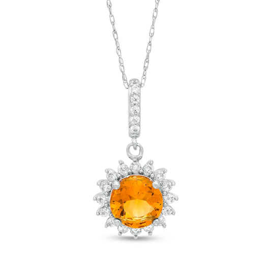 7.0mm Madeira Citrine, White Topaz and 0.05 CT. T.W. Natural Diamond Sunburst Frame Drop Pendant in 10K White Gold