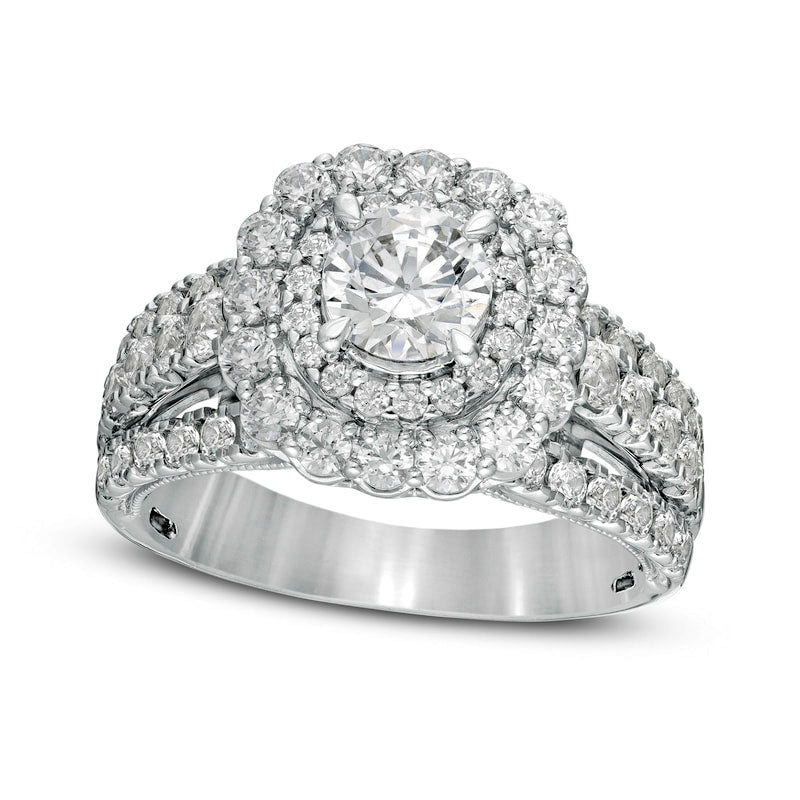 2.5 CT. T.W. Natural Diamond Double Scallop Frame Multi-Row Engagement Ring in Solid 14K White Gold