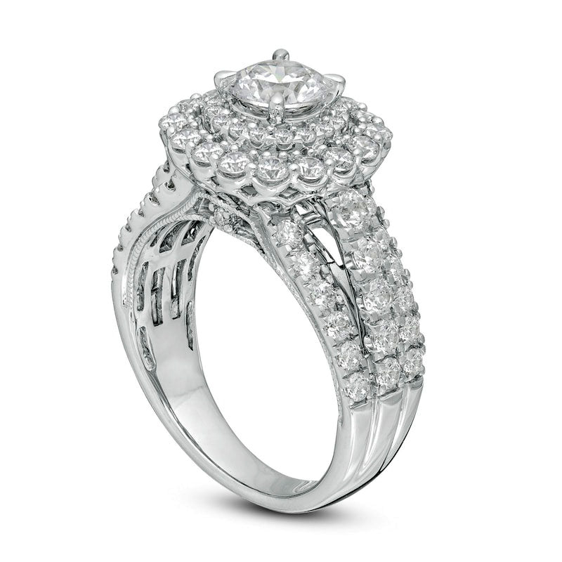 2.5 CT. T.W. Natural Diamond Double Scallop Frame Multi-Row Engagement Ring in Solid 14K White Gold