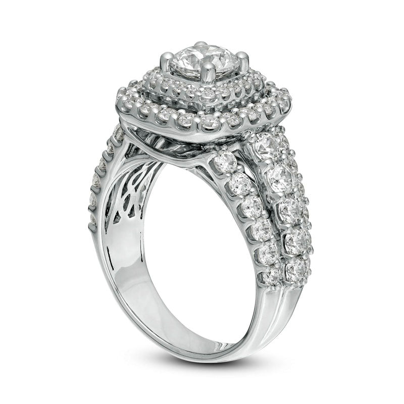 3.0 CT. T.W. Natural Diamond Double Cushion Frame Multi-Row Engagement Ring in Solid 14K White Gold