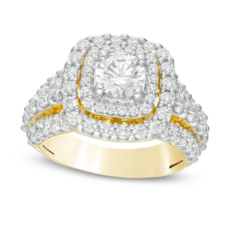 3.0 CT. T.W. Natural Diamond Double Cushion Frame Multi-Row Engagement Ring in Solid 14K Gold