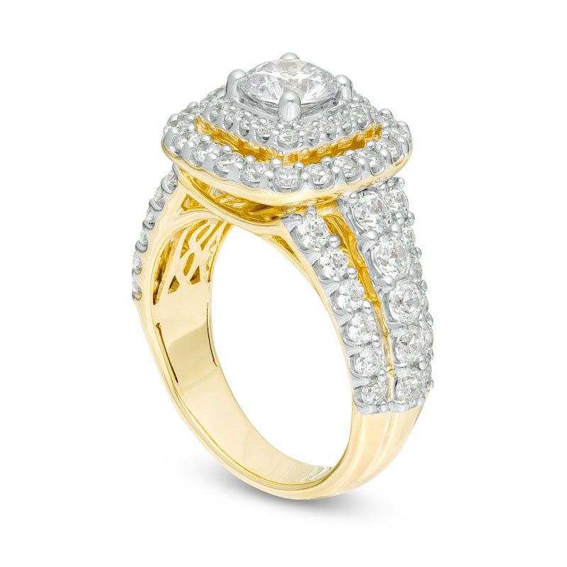 3.0 CT. T.W. Natural Diamond Double Cushion Frame Multi-Row Engagement Ring in Solid 14K Gold