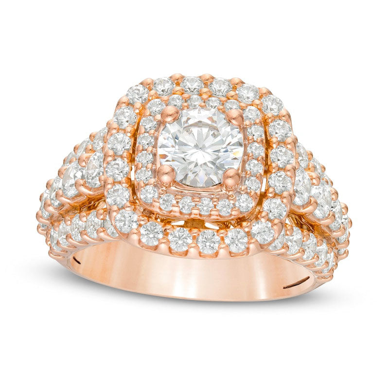 3.0 CT. T.W. Natural Diamond Double Cushion Frame Multi-Row Engagement Ring in Solid 14K Rose Gold