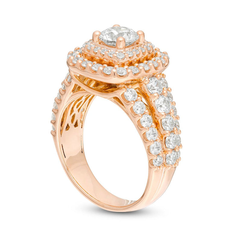 3.0 CT. T.W. Natural Diamond Double Cushion Frame Multi-Row Engagement Ring in Solid 14K Rose Gold