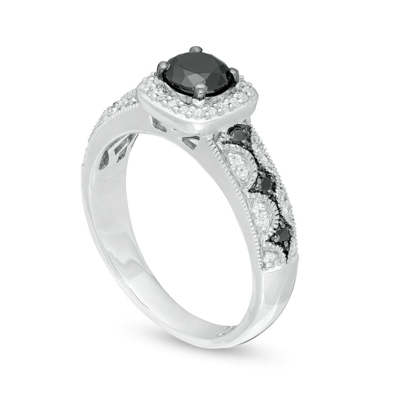 0.75 CT. T.W. Enhanced Black and White Natural Diamond Cushion Frame Antique Vintage-Style Engagement Ring in Solid 10K White Gold