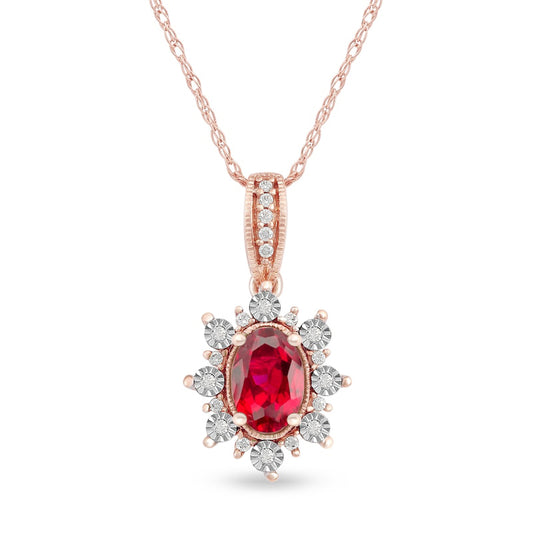 Oval Ruby and 0.07 CT. T.W. Natural Diamond Sunburst Frame Antique Vintage-Style Drop Pendant in 10K Rose Gold