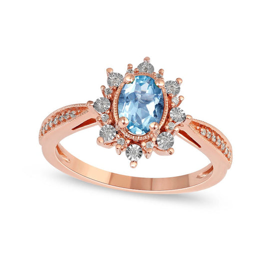 Oval Aquamarine and 0.10 CT. T.W. Natural Diamond Sunburst Frame Antique Vintage-Style Tapered Shank Ring in Solid 10K Rose Gold