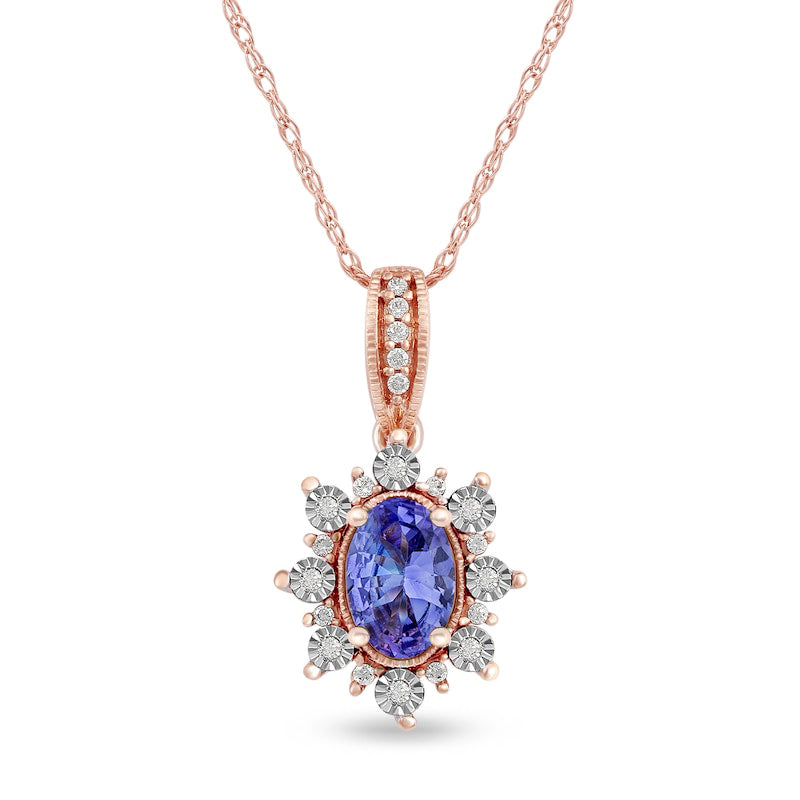 Oval Tanzanite and 0.07 CT. T.W. Natural Diamond Sunburst Frame Antique Vintage-Style Drop Pendant in 10K Rose Gold