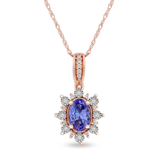 Oval Tanzanite and 0.07 CT. T.W. Natural Diamond Sunburst Frame Antique Vintage-Style Drop Pendant in 10K Rose Gold