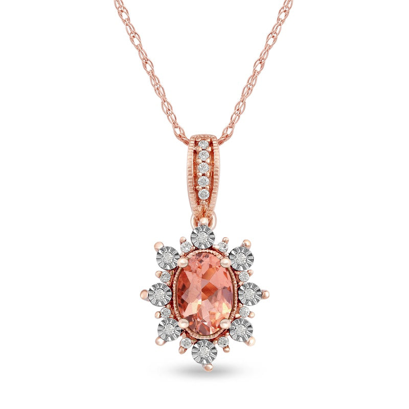 Oval Morganite and 0.07 CT. T.W. Natural Diamond Sunburst Frame Antique Vintage-Style Drop Pendant in 10K Rose Gold