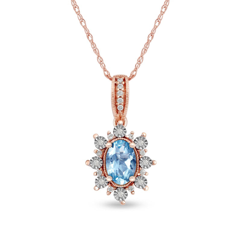 Oval Aquamarine and 0.07 CT. T.W. Natural Diamond Sunburst Frame Antique Vintage-Style Drop Pendant in 10K Rose Gold