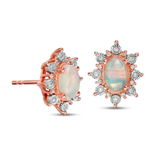 Oval Opal and 0.13 CT. T.W. Diamond Starburst Frame Vintage-Style Stud Earrings in 10K Rose Gold