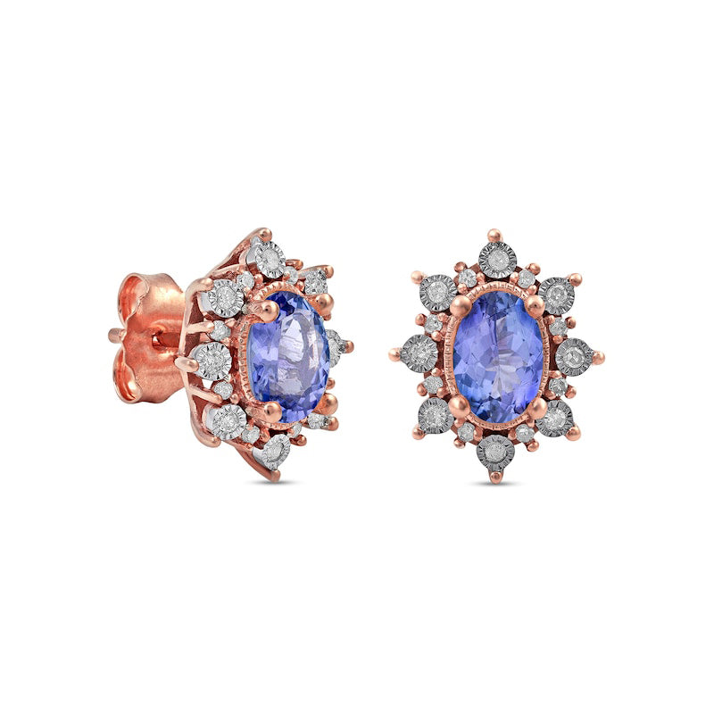 Oval Tanzanite and 0.13 CT. T.W. Diamond Starburst Frame Vintage-Style Stud Earrings in 10K Rose Gold