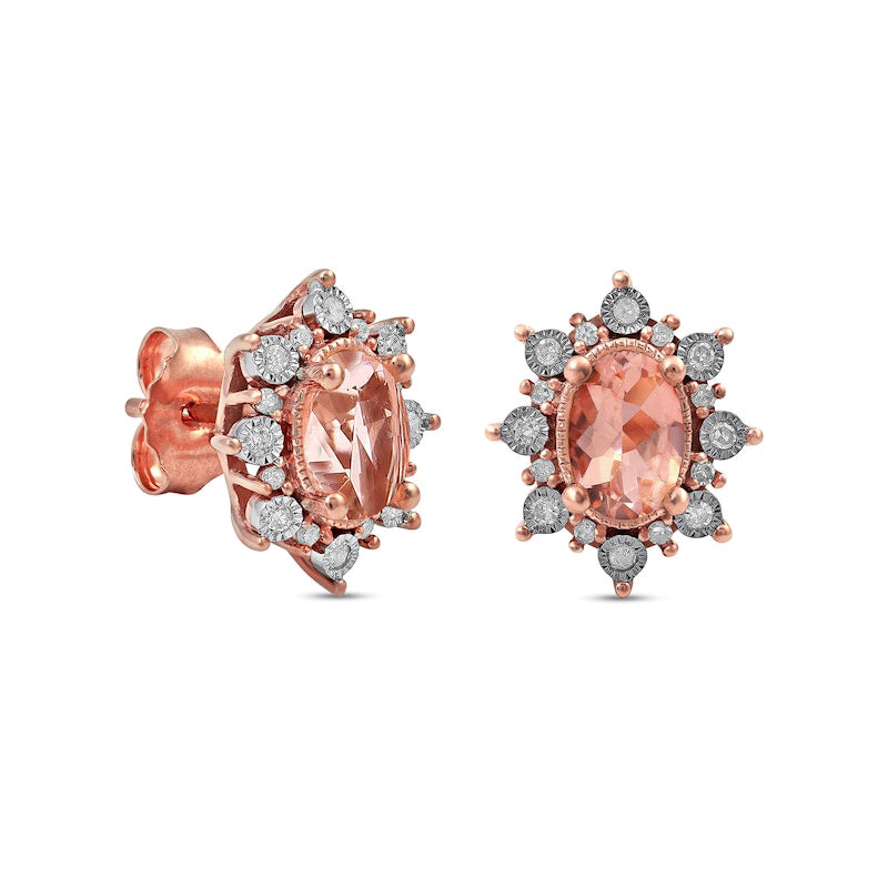 Oval Morganite and 0.13 CT. T.W. Diamond Starburst Frame Vintage-Style Stud Earrings in 10K Rose Gold