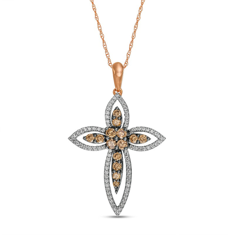 0.5 CT. T.W. Champagne and White Natural Diamond Layered Cross Pendant in 10K Rose Gold