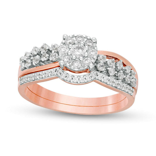 0.50 CT. T.W. Composite Natural Diamond Double Row Bridal Engagement Ring Set in Solid 10K Rose Gold