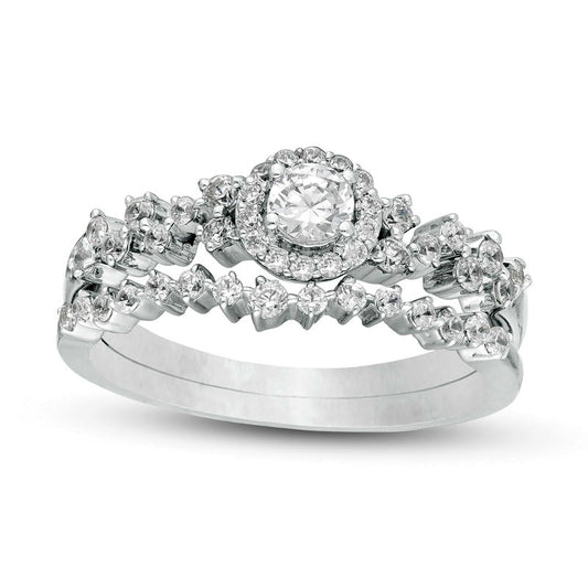 0.63 CT. T.W. Natural Diamond Frame Scatter Bridal Engagement Ring Set in Solid 10K White Gold