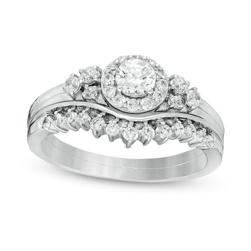 0.63 CT. T.W. Natural Diamond Frame Tri-Sides Bridal Engagement Ring Set in Solid 10K White Gold