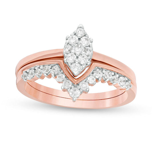 0.38 CT. T.W. Composite Marquise Natural Diamond "V" Bridal Engagement Ring Set in Solid 10K Rose Gold