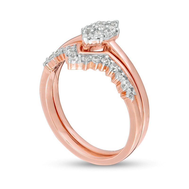 0.38 CT. T.W. Composite Marquise Natural Diamond "V" Bridal Engagement Ring Set in Solid 10K Rose Gold