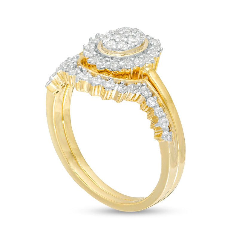 0.50 CT. T.W. Composite Oval Natural Diamond Frame Sunburst Bridal Engagement Ring Set in Solid 10K Yellow Gold