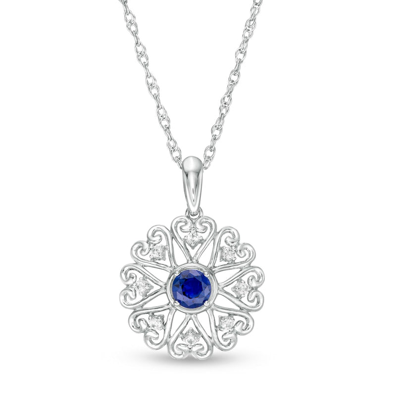 4.0mm Lab-Created Blue and White Sapphire Filigree Hearts Frame Pendant in Sterling Silver